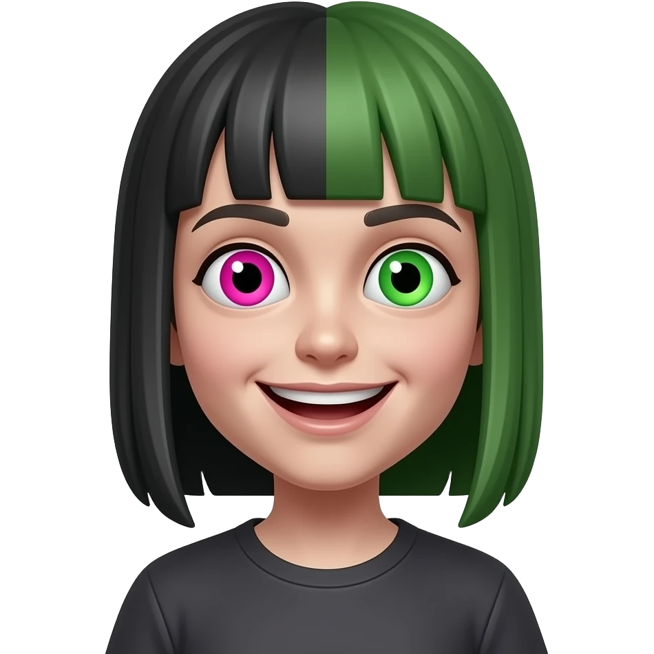 ghoul-zombie, one eye vibrant pink the other eye vibrant green, alternative style, straight hair, 18 years old, playful smile emoji
