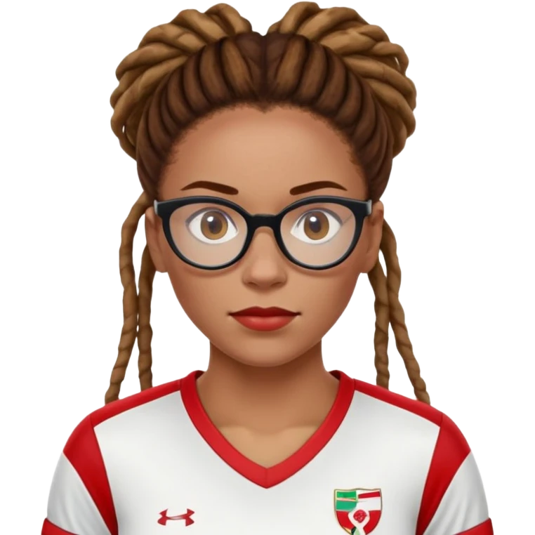 Rihanna freckles on nose and soccer woman with updo dreadlocks from east Caribbean wearing a red and white jersey and cateye eyeglasses emoji