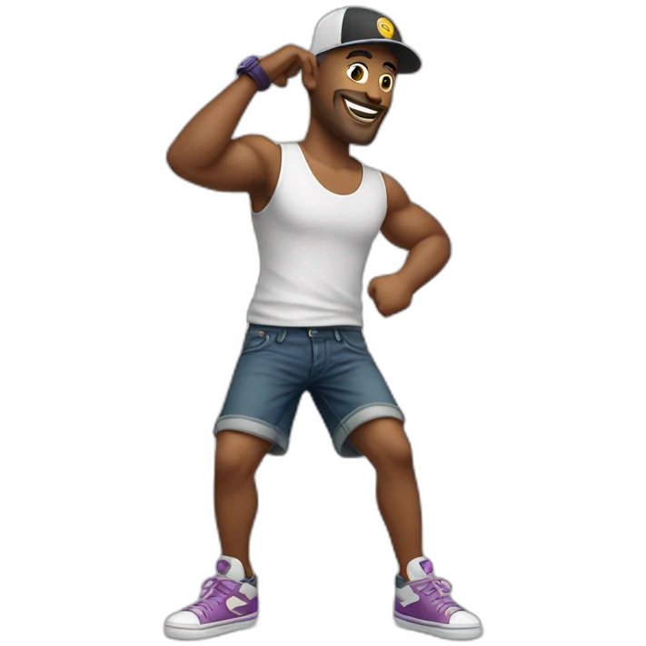 white man, cross earring, cap and short shorts, dancing emoji