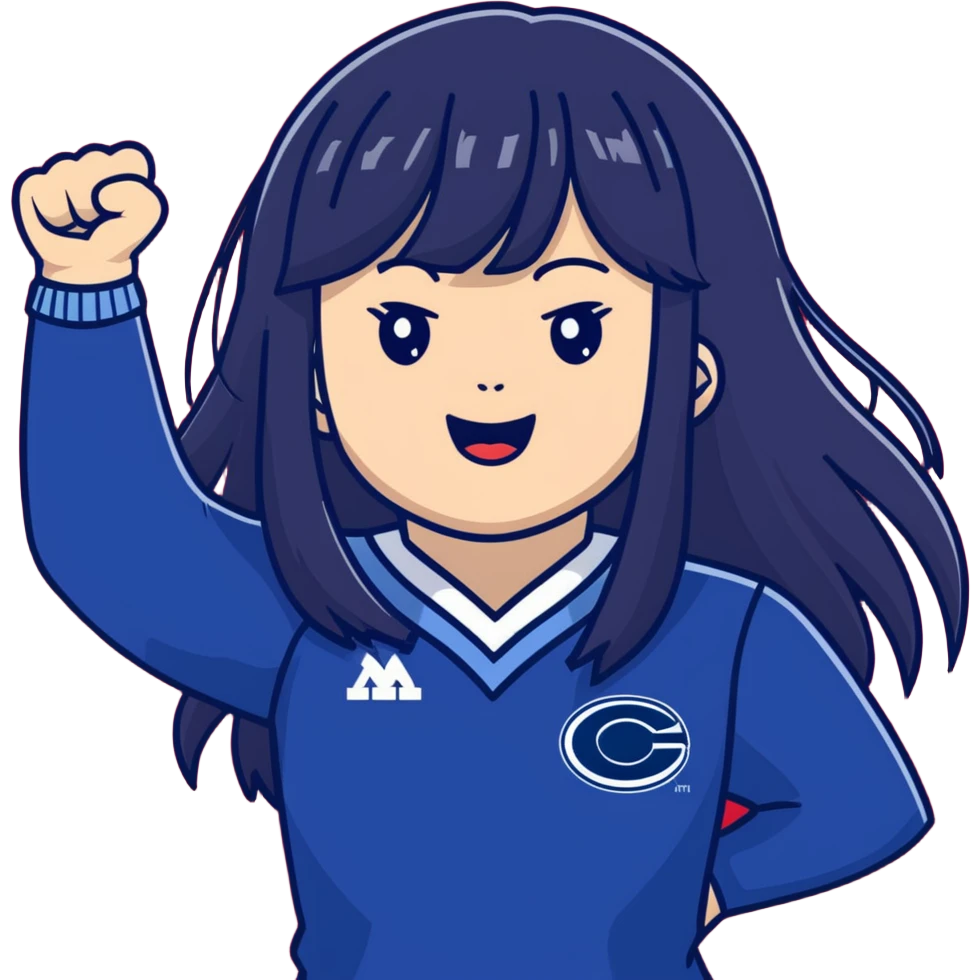 East Asian woman with long black straight hair and bangs wearing navy and white Doosan Bears team colors, cheering emoji