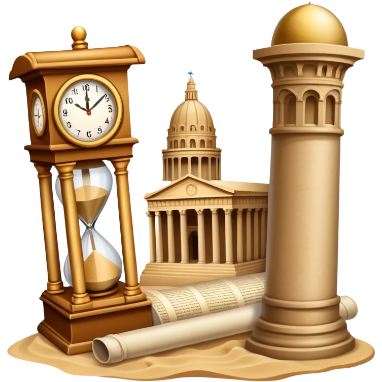 icon featuring ancient scrolls, quill pen with famous historical landmarks and monuments in the background like colliseum. Large, antique sand clocks with sand pouring out represent the passage of time. Historical figures are depicted as statues. Transparent background. emoji