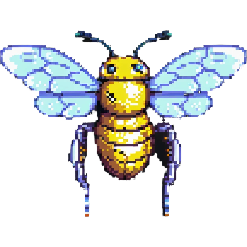 robotic bee with glowing wings pixel art emoji