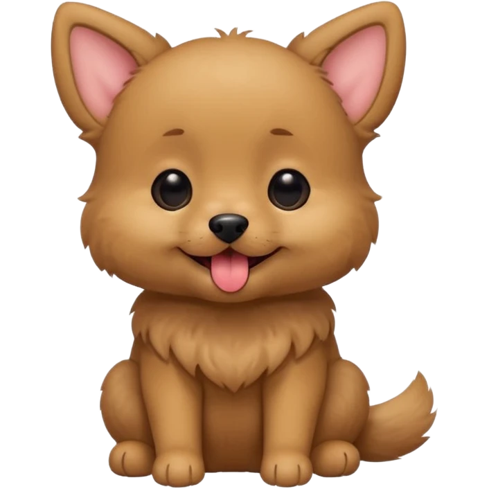 Cute small brown fluffy dog emoji icon. Round face, short muzzle, light brown fur with slightly darker ears, small black nose, happy smiling expression with tongue out. Soft friendly eyes, sitting pose with front paws together. Simple clean vector style, minimal details, kawaii style. emoji