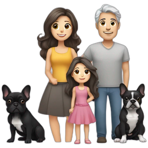 Family-father-mother-grey-hair-two-brunettes-daughters-with-long-hair-and-one-black-French-bulldog emoji