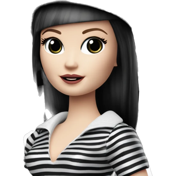 Beach Beauty Barbie, 1965 Wednesday Addams from academy, in dark-gray and black striped outfit with hat. Smiling Driving Mercedes convertible sports car. Pale-white porcelain skin.  emoji