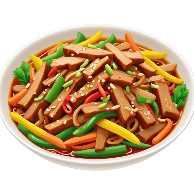 Yuxiang shredded pork Sichuan dish with colorful vegetables, simplified emoji style with bold outlines and bright colors, cartoon style sweet and sour pork strips emoji