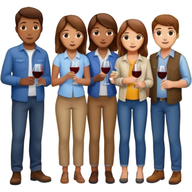 Make a photo of 5 project managers, specifically 3 girls with brown hair and 2 boys, that are making project for improvement of the winery emoji