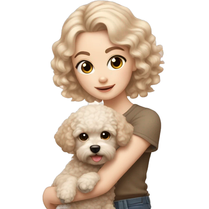 pale white girl with curly black hair holding light brown bichpoo puppy emoji