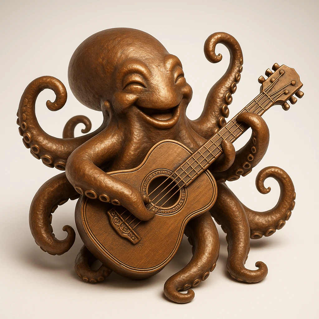 happy octopus with multiple arms playing guitar emoji