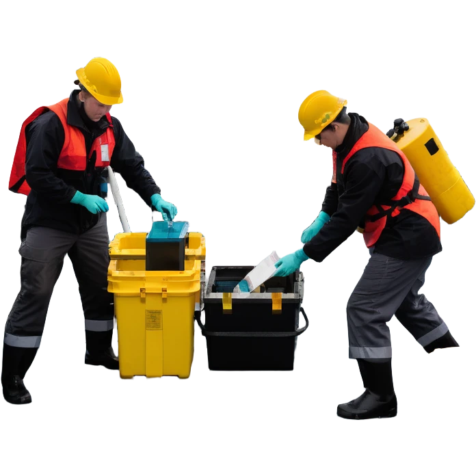 Marine geologists on ship deck battling stormy seas while retrieving ocean floor samples emoji