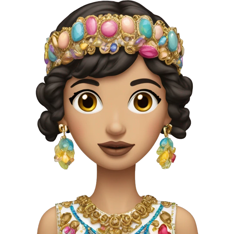 Dolce and Gabbana Italian model with dark hair and headband with colourful pastel ornament and golden detais  emoji