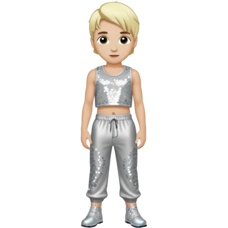 Aaron Carter with blonde hair, silver sequin crop top, silver sequin baggy pants emoji