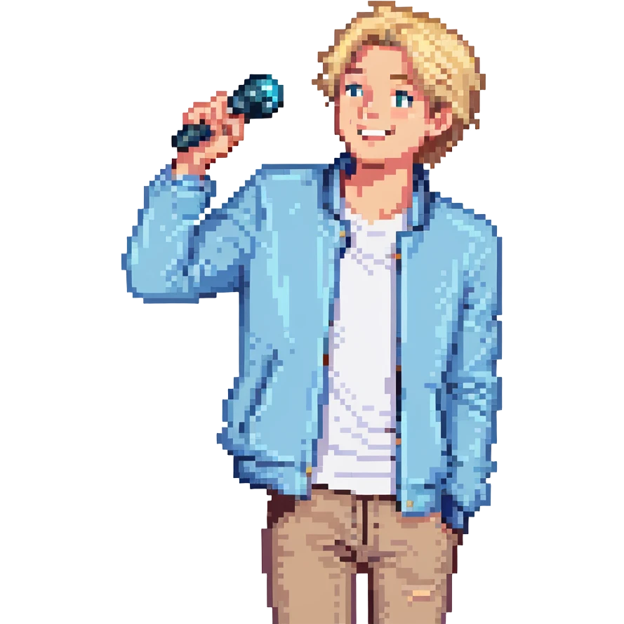 Pixel art style, expressive male performer, Caucasian features, short sandy blonde hair, lively eyes, wide cheerful smile, wearing a sky blue jacket over white tee, tossing a microphone in one hand, waist-up, front-facing emoji