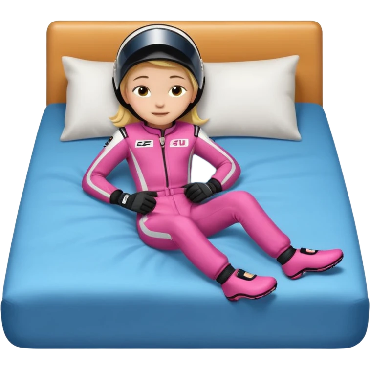 ten-year-old girl in a racing suit, racing shoes and racing gloves with no helmet, unzipped, sleeping on a bed happily, flat-chested and prepubescent emoji