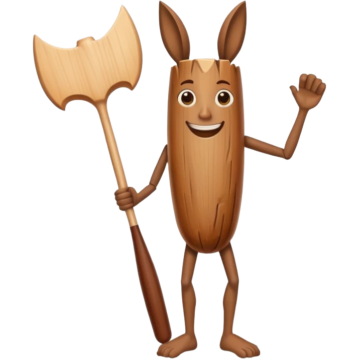 Make me a log standing up straight with legs and holding a wooden bat with big feet with skinny arms and legs with strong facial structure and smiling  emoji