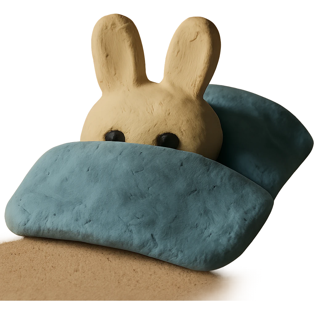 cream bunny lying under blanket, only eyes showing, claymation style emoji