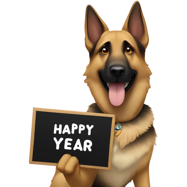 Blonde and brown German shepherd holding a sign that says “Happy New Year” emoji