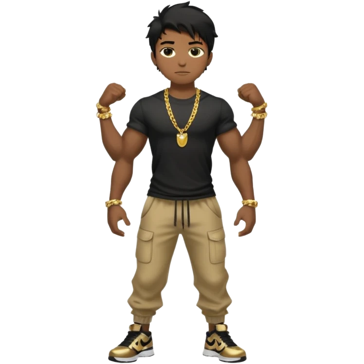 full body view of muscular teen boy with veiny hands arms and biceps. has messy black hair with dark-tan skintone with black tshirt. has gold chain and nike shoes with baggy pants emoji
