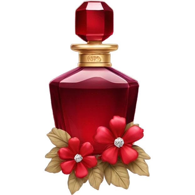 Dark red sophisticated perfume bottle with red stock flowers and a crystal ornament emoji