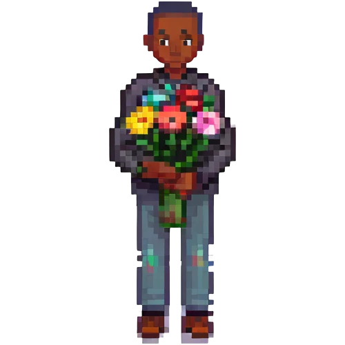 black man looking sad holding flowers and candy emoji