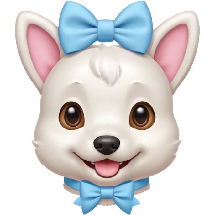 a cute white dog wearing a pink blue pastel bow on his head while he smiles excitedly emoji