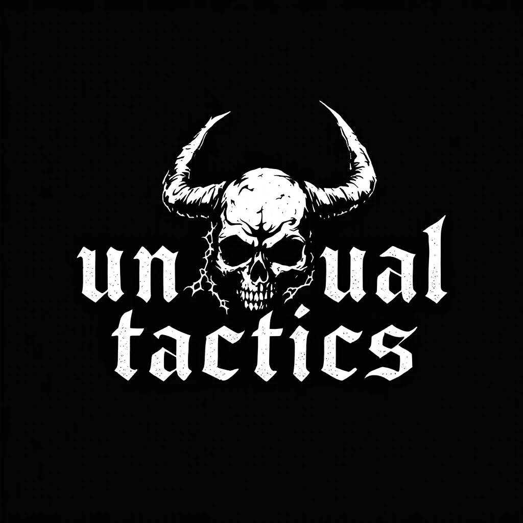 a logo, resembling that of metal band logo, for the text: "unusual tactics" emoji