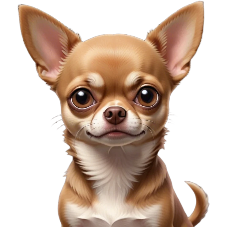 Cinematic Meme-Worthy Grumpy Chocolate Short Haired Chihuahua Portrait Emoji, Head held high but eyes filled with dramatic disappointment, smooth chocolate fur with a deep, rich tone, deeply furrowed brow forming an unmistakable scowl, floppy ears slightly angled back in disapproval, piercing dark eyes glaring with pure exasperation, Simplified yet hilariously over-exaggerated features, highly detailed, glowing with an aura of supreme annoyance, high shine, exhausted yet judgmental, stylized with an almost regal pettiness, bright but brooding, soft glowing outline, capturing the essence of a pup that has seen it all and is thoroughly unimpressed, so meme-worthy it feels like it could instantly become the next viral sensation of grumpiness! emoji