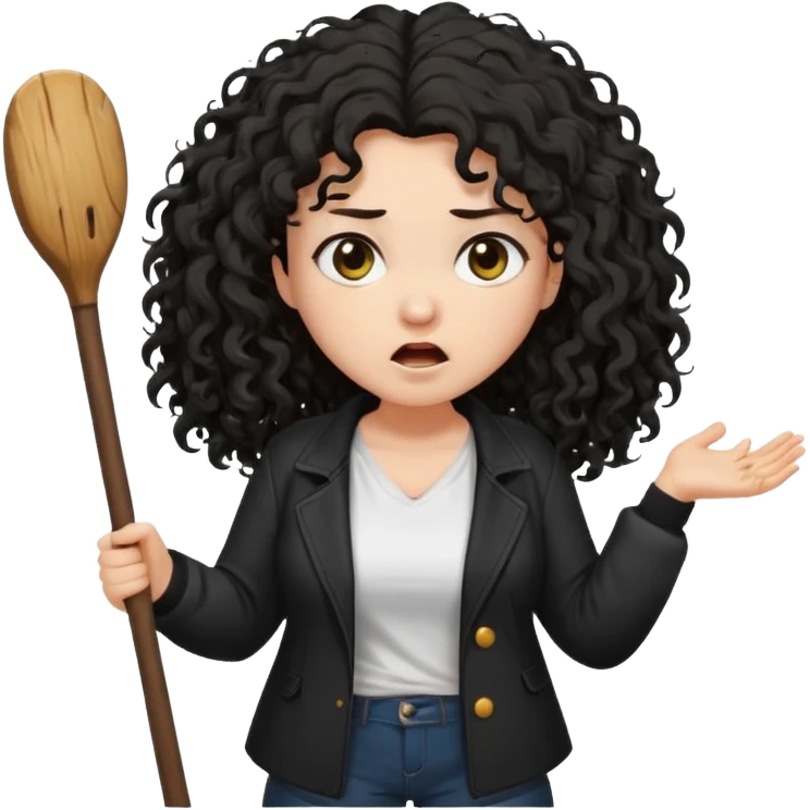 Hej, proszę wygeneruj mi emoji która przedstawia kobietę biała karnacja długie czarne kręcone rozczochrane włosy lekko grubsza, ubrana jest w białą koszulkę oraz czarną rozpiętą kurtkę jest w furii trzyma w rękach wielki badyl emoji