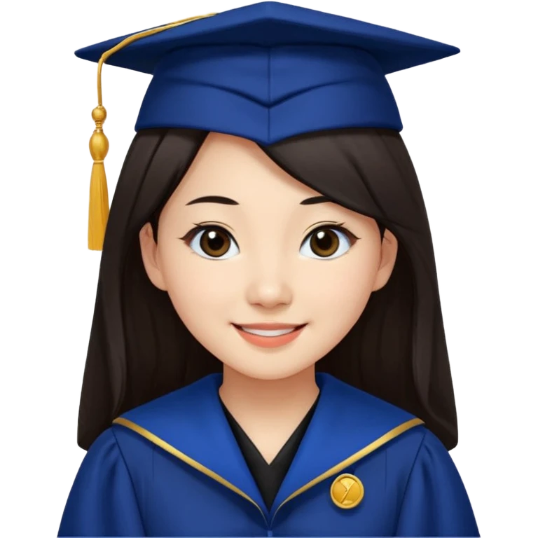 带着学士帽的，深棕色长发，黄种偏白皮肤的，高鼻梁，不戴眼镜的女博士生，在单只眼眨眼并开朗的笑，年龄26岁，学士服全身深蓝色短绒质地，但是黑领子， emoji