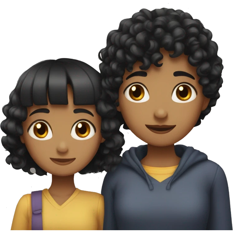 girl with black curly hair hugging girl with medium black hair and bangs  emoji