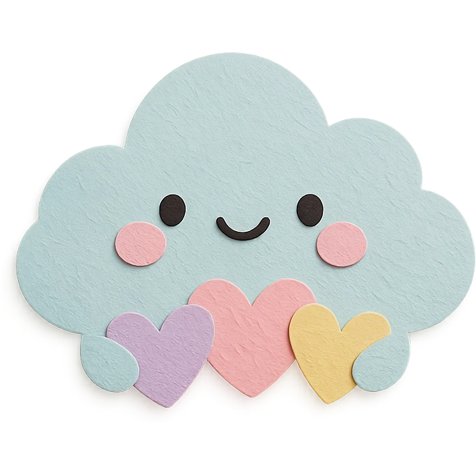 adorable pastel puffy cloud holding small pastel hearts, no arms or legs, full body, kawaii paper craft style emoji