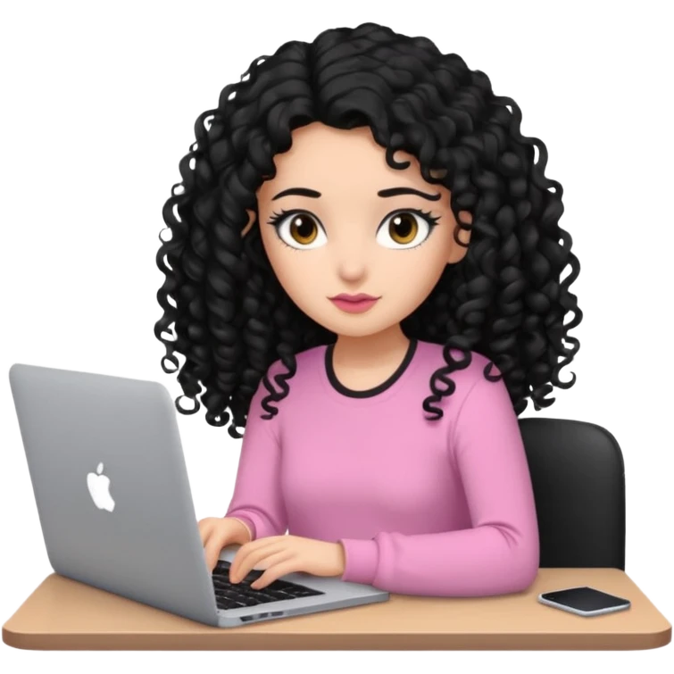 a girl typing mac book with long black curly hair and brown eyes with black eyeliner, pink shirt emoji