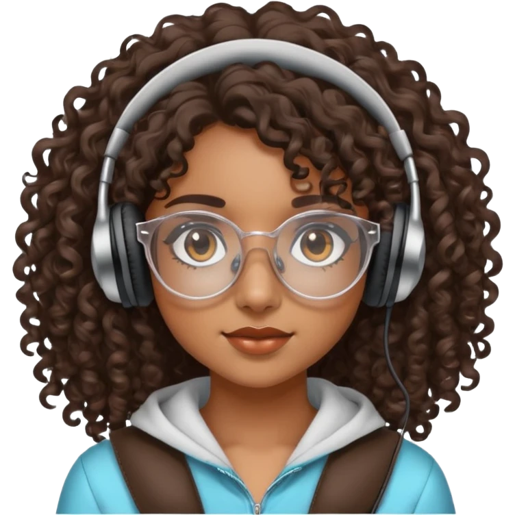 Chica morena con cabello crespo, con lentes transparentes y que tenga los ojos cafés oscuro. Y con unos audífonos en las manos. emoji
