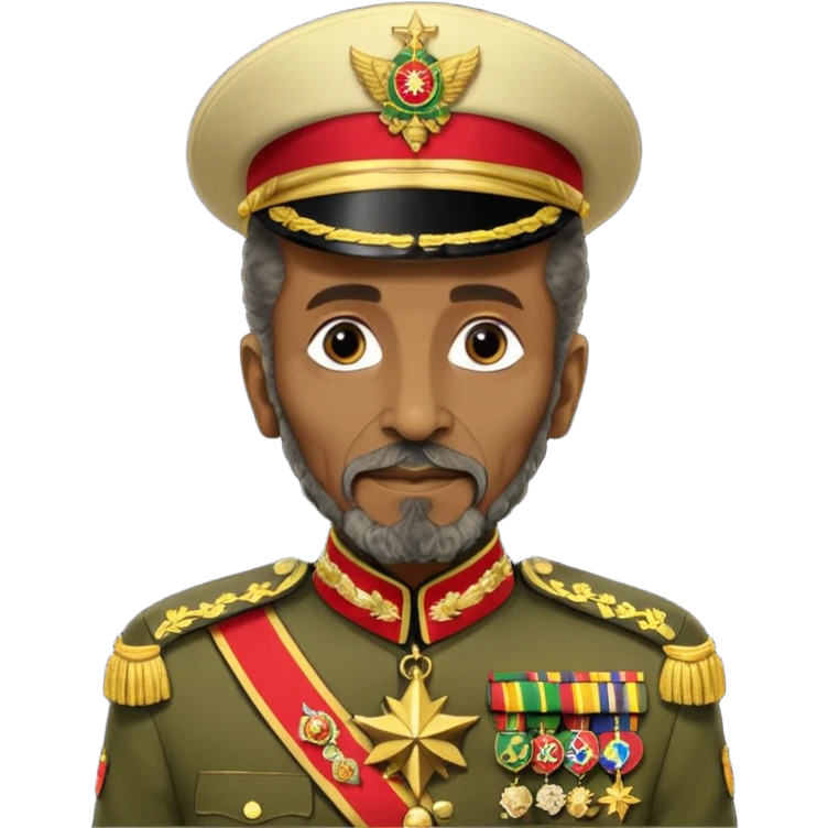 Create an emoji of an Older Haile Selassie African king wearing his ceremonial military uniform adorned with numerous medals, orders, and a sash. emoji