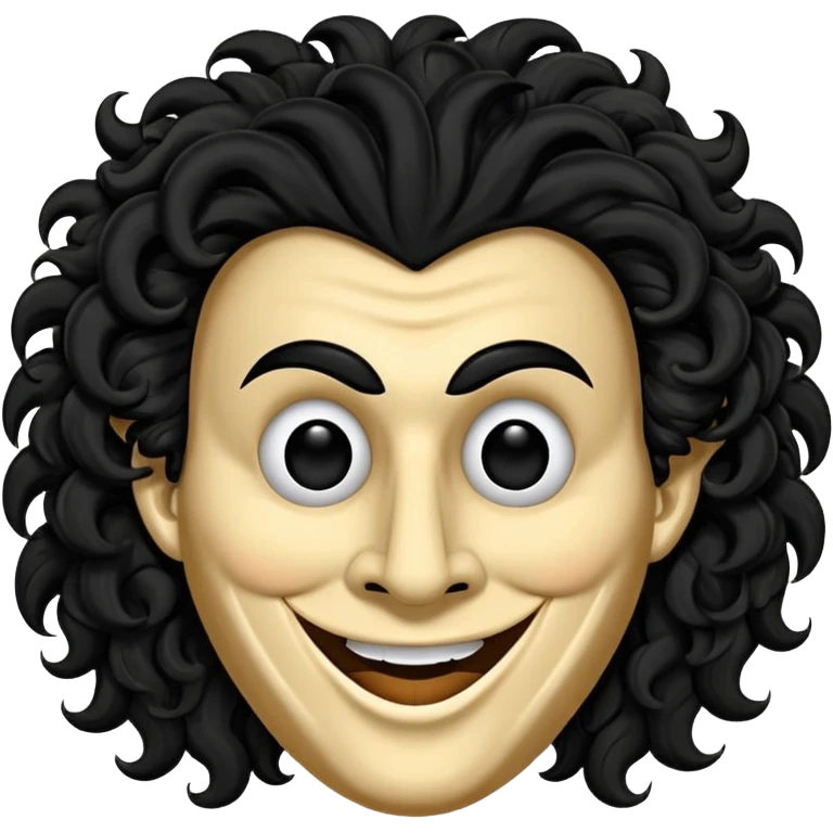 generate theatre wooden mask emoji with a big curly black hair 

wide black coloured smile, long and pointy white nose with no nostrils, pitch black eyes emoji