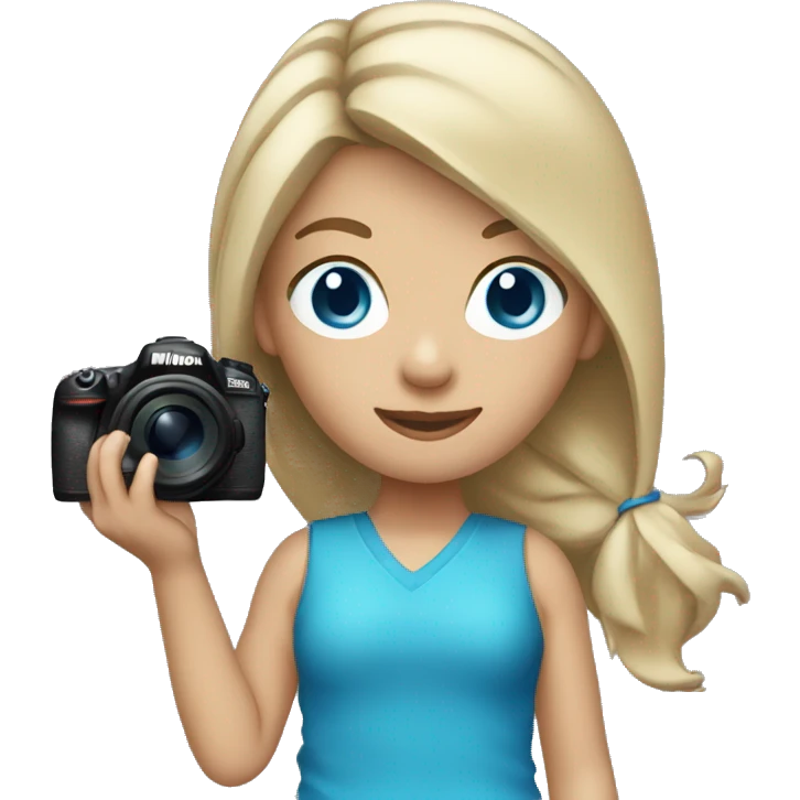 Girl with dark blonde loose ponytail and BLUE eyes Holding a Nikon Camera in her hands emoji