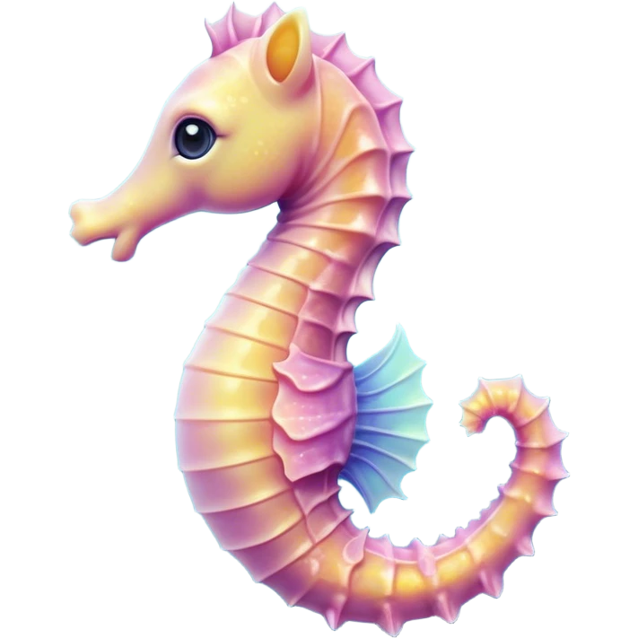 Cinematic Cute Sea Horse Portrait Emoji, Head tilted playfully and inquisitively, featuring a charming, petite seahorse with a softly curved body in pastel tones, a delicately coiled tail and round, sparkling eyes full of gentle wonder, Simplified yet irresistibly adorable features, highly detailed, glowing with a warm, inviting aquatic glow, high shine, affectionate and lively, stylized with a touch of enchanting marine charm, soft glowing outline, capturing the essence of a mischievous yet loving seahorse that seems as if it could float out of the screen into your arms! emoji