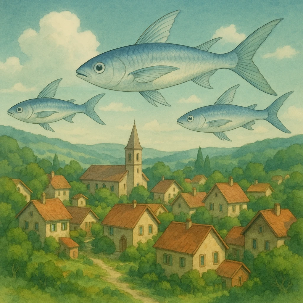 flying fish above a village in ghibli style, serene, detailed, soft lighting emoji
