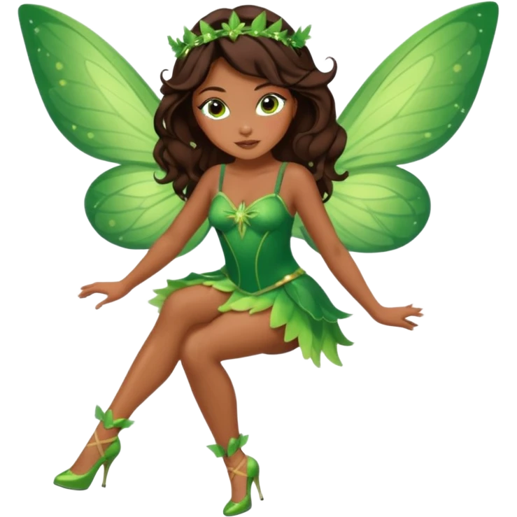 Pretty girl with caramel skin. Dark brown hair and brown eyes. She has freckles. Wearing sexy makeup. Wearing a green fairy costume and heels and flying emoji