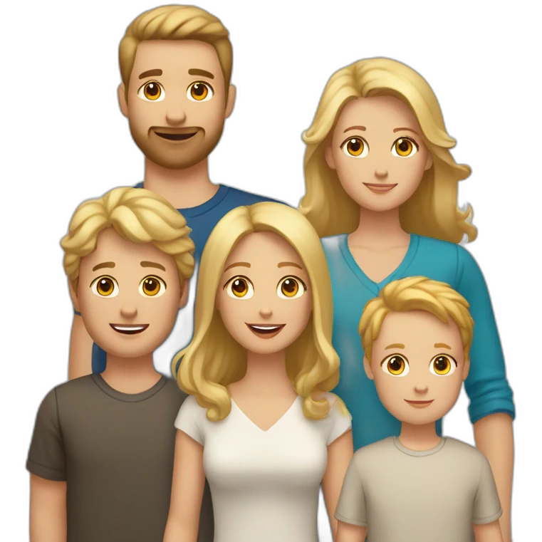 white family with 5 people, 1 blonde adult woman, 1 brunette adult male, 1 brunette male child, 1 brunette female child, 1 blonde male child. plus 2 golden retrievers emoji