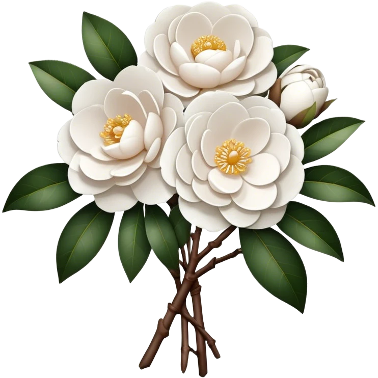 A bouquet of pure white camellias, without leaves, only brown branches  emoji