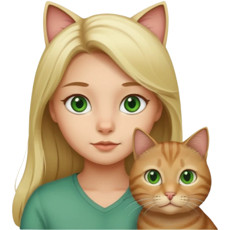 blonde girl with long blonde hair with tabby brown cat with green eyes and chubby gray cat with big green eyes emoji