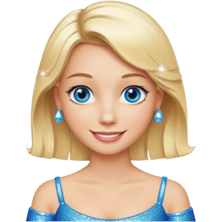 make this real, blond, below shoulder, blue eyes, 50s, sparkle in the eyes, fun, smile, no earings, relaxed style emoji