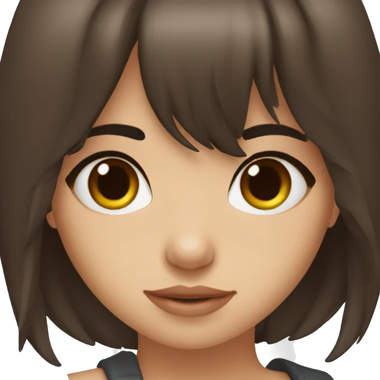 a 26 years old girl with long dark brown hair with res ombre long bangs, dark brown eyes emoji
