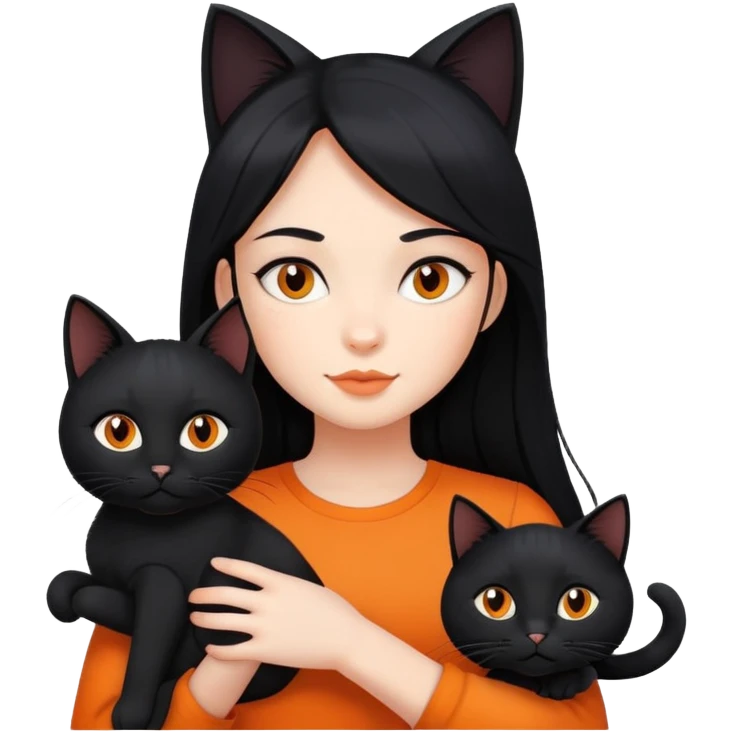 A girl with long black hair is holding a black cat, an orange cat, and a black cat emoji