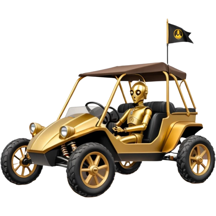Old American West tarnished neon underglow C-3PO bounty hunter 1854 delicately ornate rosegold accents painted dune buggy buckboard wagon powered by electric motors and batteries with safety and belts flying rapidly roughening terrain stable on strong agile advanced suspension and steering emoji
