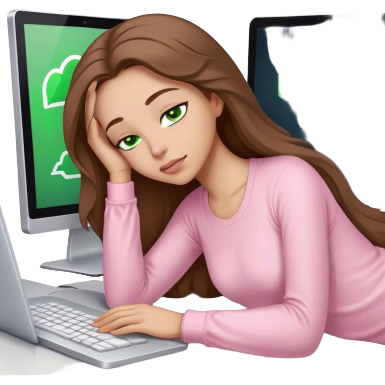 pretty woman with very long brown hair and green eyes and light pink outfit sleeping working on a computer emoji