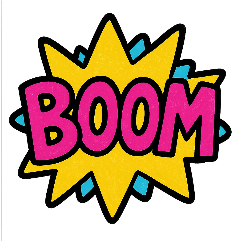 the word 'boom' in bold and expressive style, vibrant pop colors style emoji