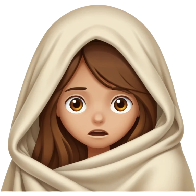 a tanned girl with brown long hair hid under the blanket in fear emoji