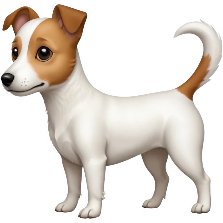 a full body white jack russel looking dog the size of a kelpie with light brown ears and a light brown patch on one eye, flopped down ears and a large snout emoji